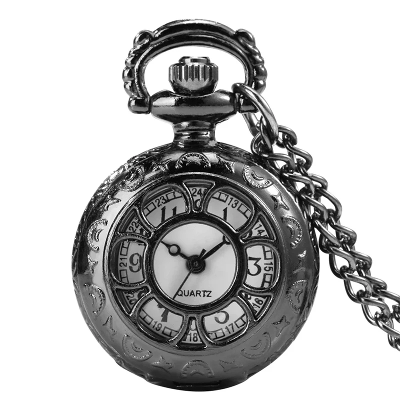 Exquisite Black Hollow Flower Pocket Watch Men Women Quartz Movement Watches with Necklace Chain Arabic Number Mini Clock