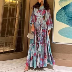Spring Women Casual Swing Boho Dresses Vintage Tie-dyed Printed Chiffon Dress Fashion V-neck Lantern Sleeve Holiday Long Dress