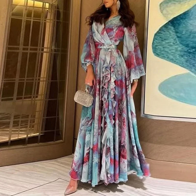 Wiosna kobiety Casual Swing sukienki Boho Vintage Tie-farbowana drukowana szyfonowa sukienka moda dekolt w serek latarniowy rękaw wakacyjna długa sukienka