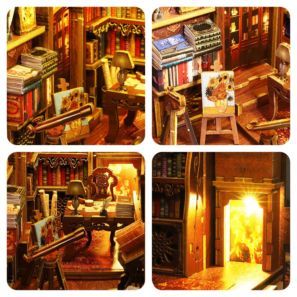 Kits de nooks de livros 3D DIY com luz quente decoração de modelo de montagem multifuncional para estante