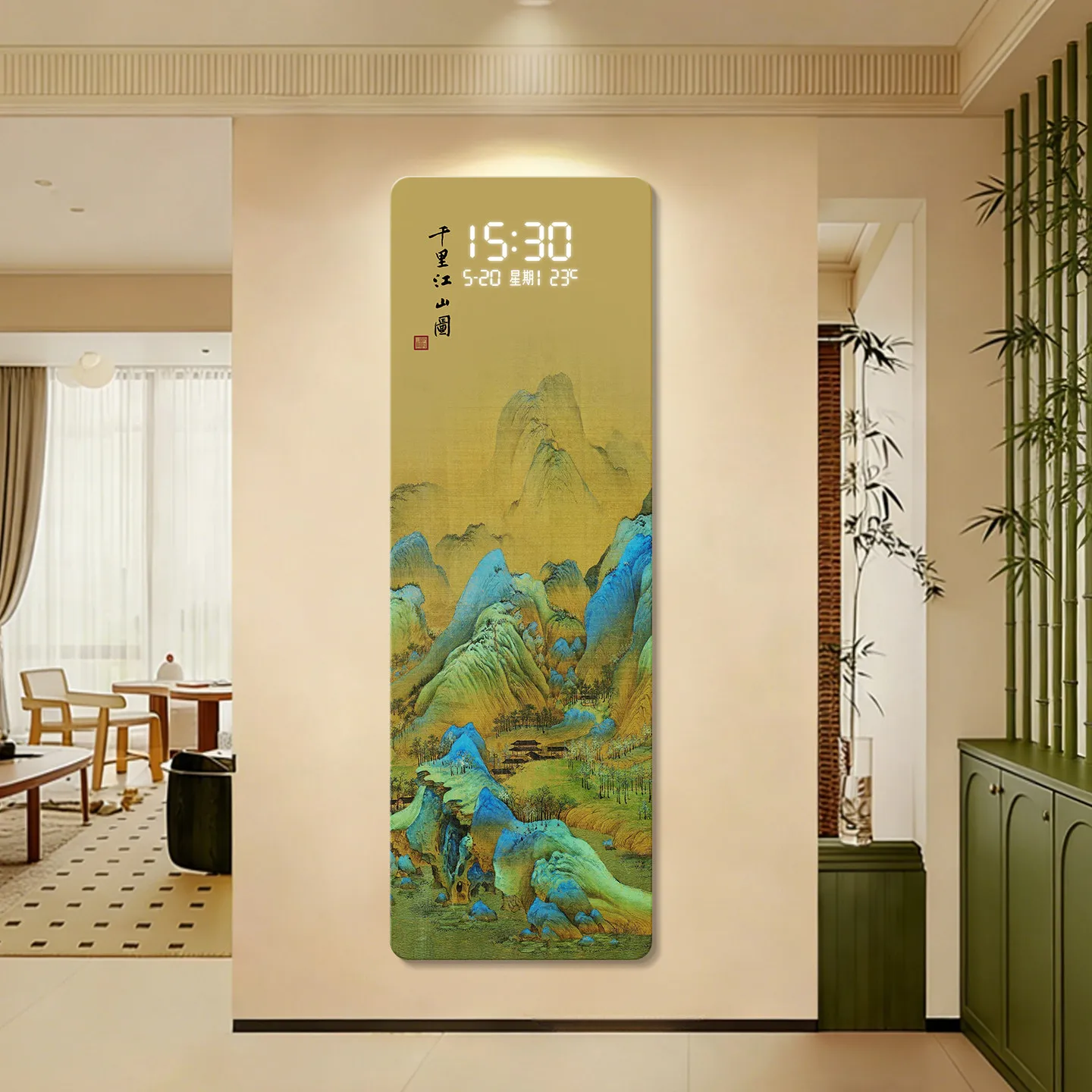 New Chinese style Thousand Mile Landscape Decorative Painting with Digital Clock, Living Room Light Luxury Luminous Wall Lamp