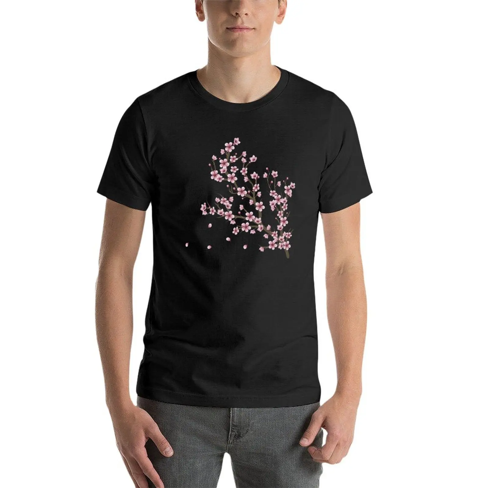 Blooming Sakura Branch Design T-shirt para homens, T-shirt, vintage, roupas estéticas, secagem rápida, peso pesado