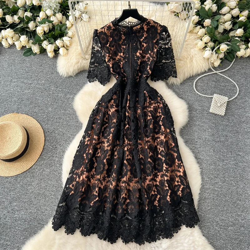 

2025 Retro Elegant Hollow Hook Lace Crochet Slim A-line Women Lace Long Midi Dress Prom Party Club Wedding Matching Summer