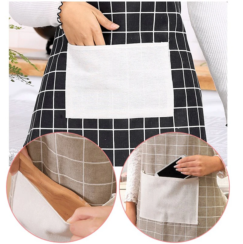 Japanese Kitchen Plaid Cotton Linen Women\'S Apron Thickened Apron Advertising Apron Kitchen Waterproof Oil-Proof Household Tool