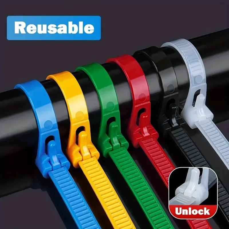 100PCS Reusable Nylon Cable Ties, Removable&Recyclable Locking Loop Ties, Mixed Colours (Black, White, Red, Yellow, Blue, Green）