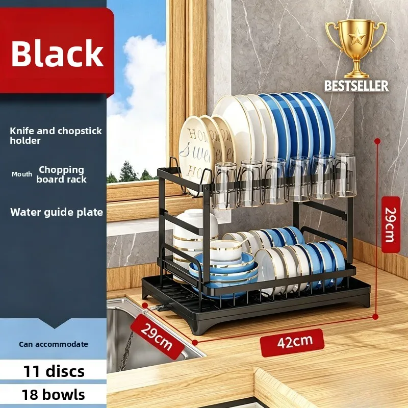 Double-layer large-capacity dish drain rack | With water guide tray, rust-resistant and durable, kitchen countertop storage rack view 3