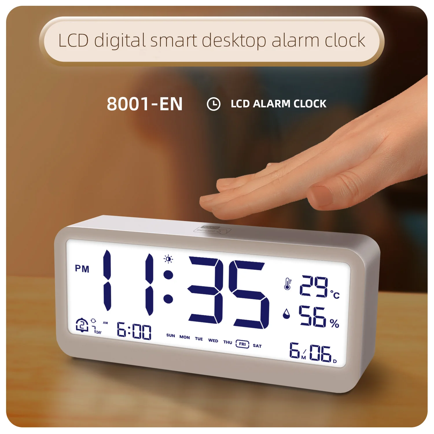 8001-EN Digital Clock LED Brightness Adjustable Temperature Humidity Displaying Alarm Clock  Dual Alarms Modes Auto-Dimming