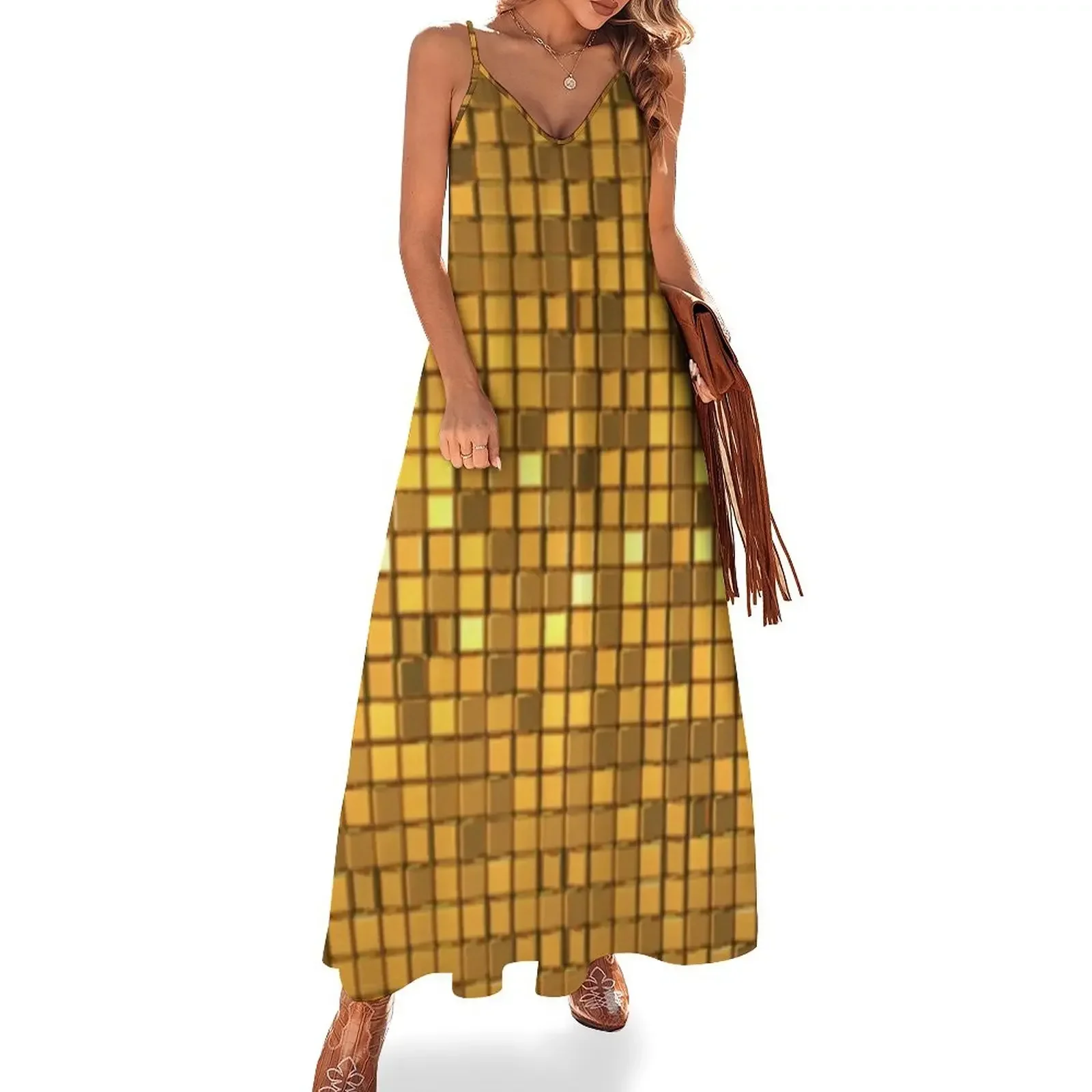 

Golden shiny disco ball Sleeveless Dress prom dress 2024 Women's evening dress