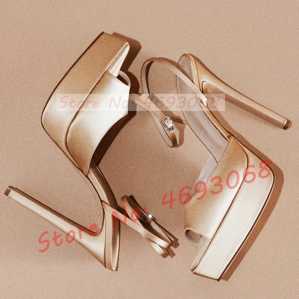 Champagne Pointed Toe Platform Sandals Women Trendy Summer Ankle Strap Satin Stiletto Shoes Sweet Patchwork Party Silk Sandals
