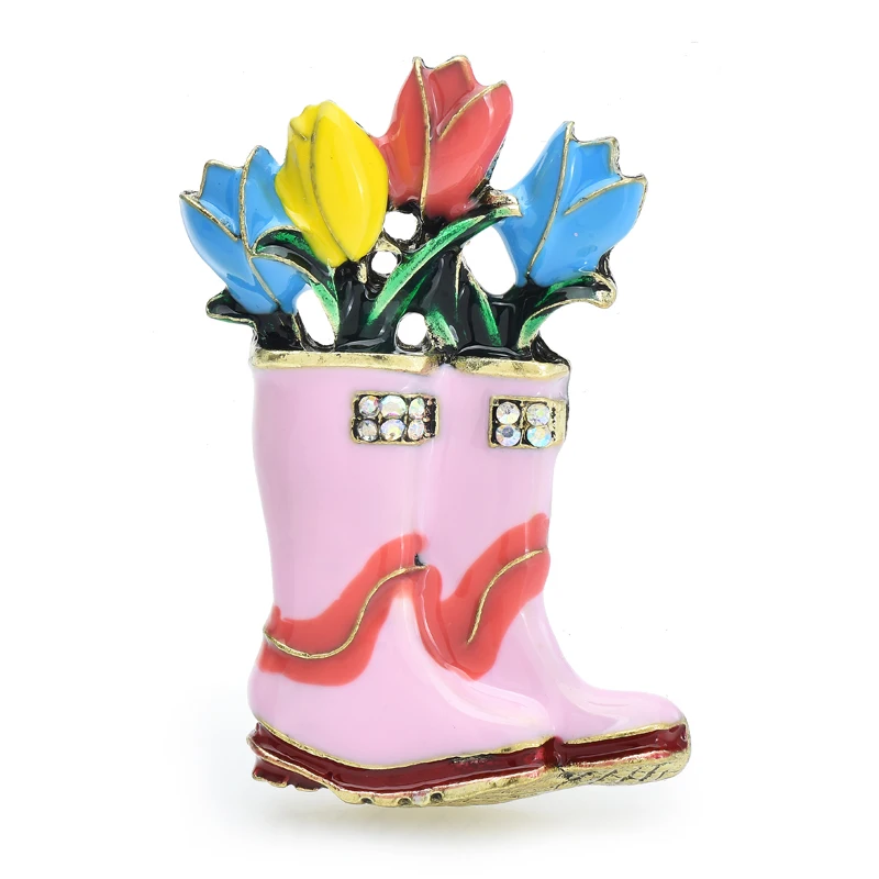 Wuli&baby Lovely Flower Rain Boots Brooches For Women 2-color Enamel Cartoon Interesting Shoes Party Casual Brooch Pins Gifts
