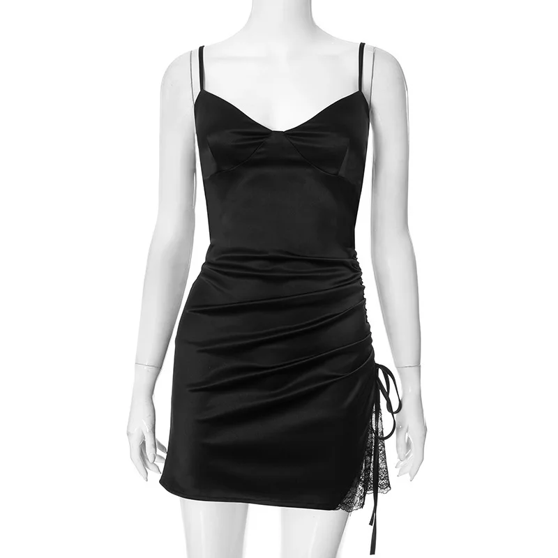 Euro-American Women's New Summer Style Sexy Spaghetti Strap Drawstring-Detailed Smocked Patchwork Lace Bodycon Dress
