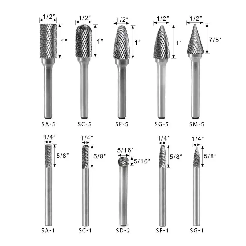 Wholesale OEM Polished Double Cut 10pcs 1/4 Inch Shank Diameter 6mm 6.35mm Rotary File Tungsten Carbide Burr Set