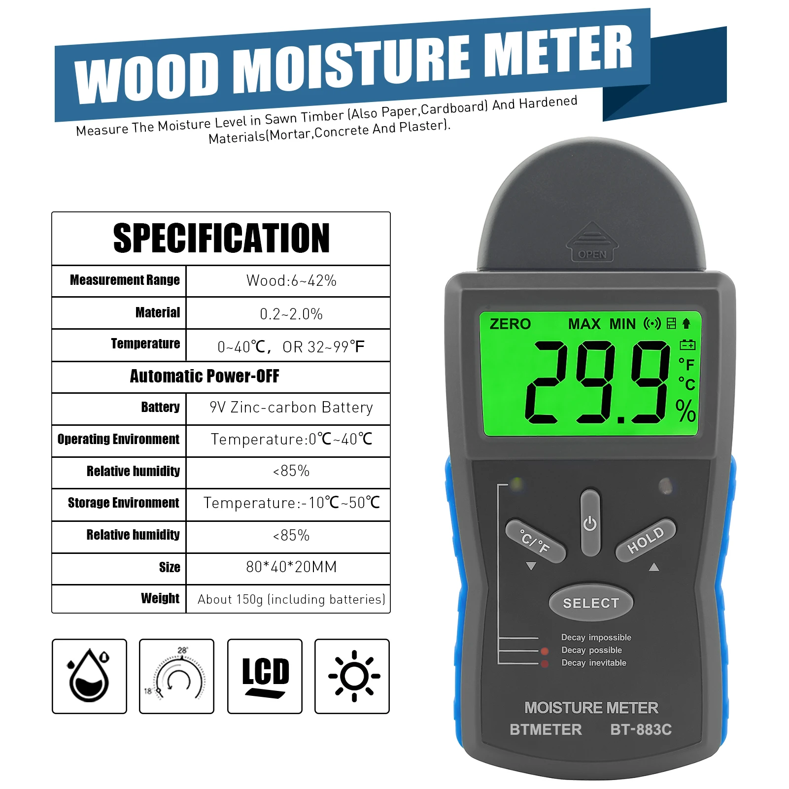 

Wood Moisture Meter, Pin Type Digital Moisture Detector, HP-883C Handheld Moisture Sensor with 3 Color Indicators and Backlit