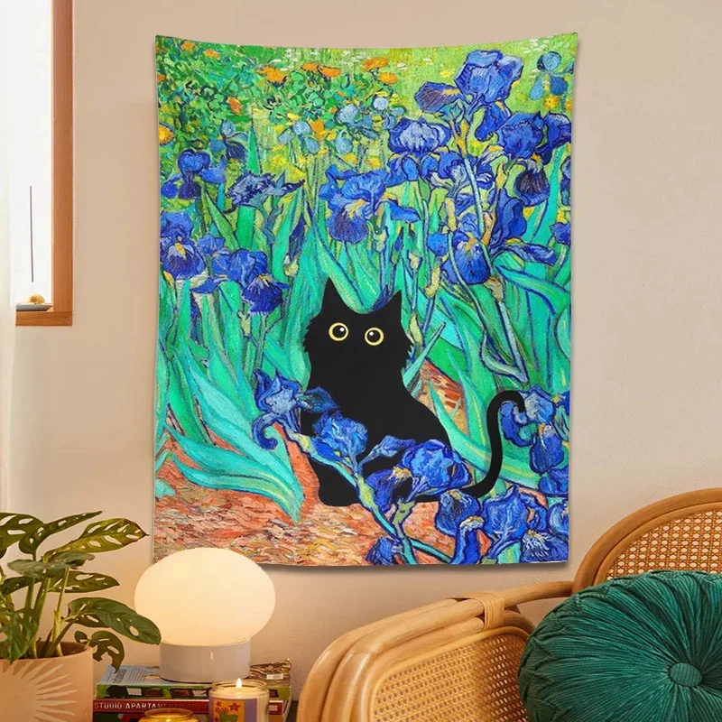 Van Gogh Irises Cat Tapestry Van Gogh Painting Black  Art Floral Print Funny Print Funny Gift Home Decor Wall Hanging