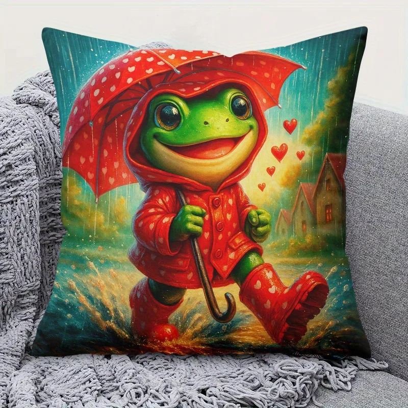 1pc 2D Flat (Pillow Not Included) Frog in Raincoat Umbrella Cute Animal Cushion Cover Short Plush Whimsical Decor Throw Pillow