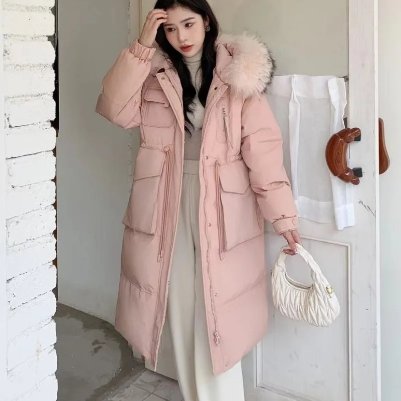 المرأة متوسطة وطويلة الشتاء النسخة الكورية الجديدة فوق الركبة سميكة بطة بيضاء أسفل الخصر سترة كبيرة الفراء طوق أسفل سترة