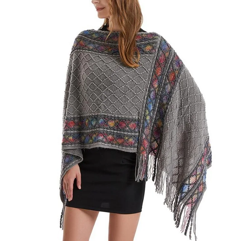 

Women's Autumn Winter Knitted Shawl, V-neck Tassel Rainbow Colored Cape Sweater