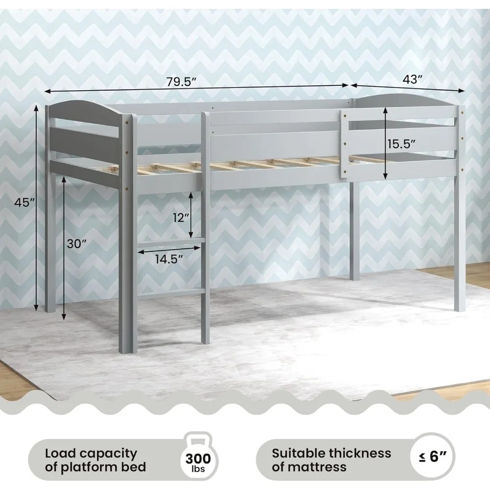 Twin Loft Bed with Ladder, Wood Low Profile Loft Bed with Clearance & Safety Guard Rails, Space-Saving Loft Bed Frame