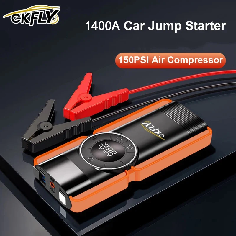 GKFLY 16000mAh Car Jump Starter 1400A Portable Power Bank with Air Compressor Car Battery  Booster Buster