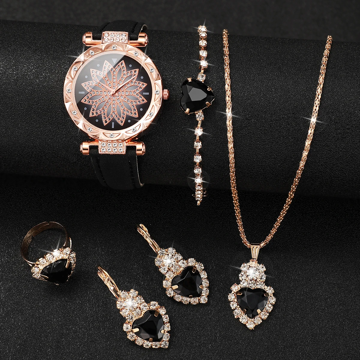 6PCS/Set Fashion Rhinestone Flower Women\'s Watch Leather Band Quartz Watches Hearts Jewelry Set（Without Box）