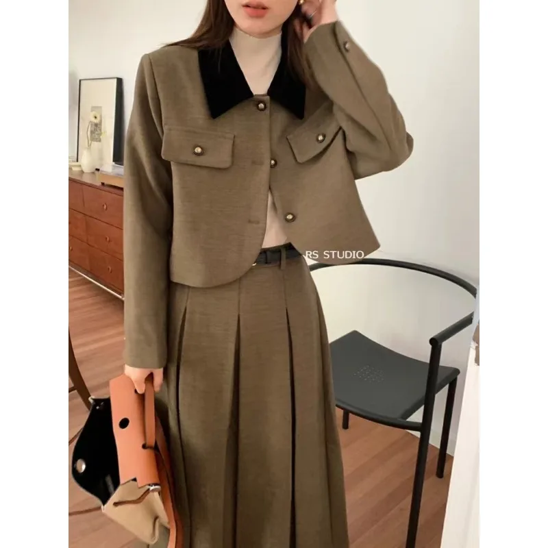 Shpmishal Color Blocking Lapel French Loose Suit Jacket 2024 New Model Mid Length Skirt Women's Spring and Autumn Two-piece Set