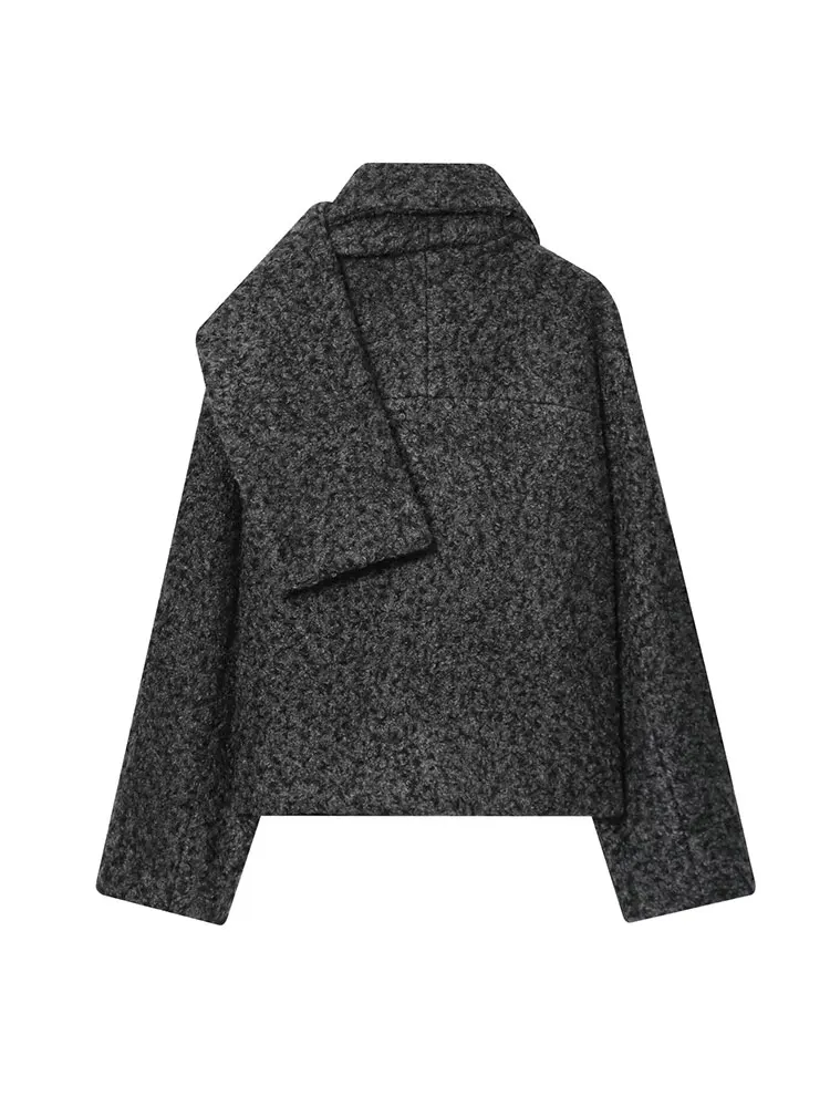 NLZGMSJ Women With Scarf Loose Jacket 2025 Winter Warm Thick Long Sleeve Single Breasted Woolen Coat Female Outerwear Y2K
