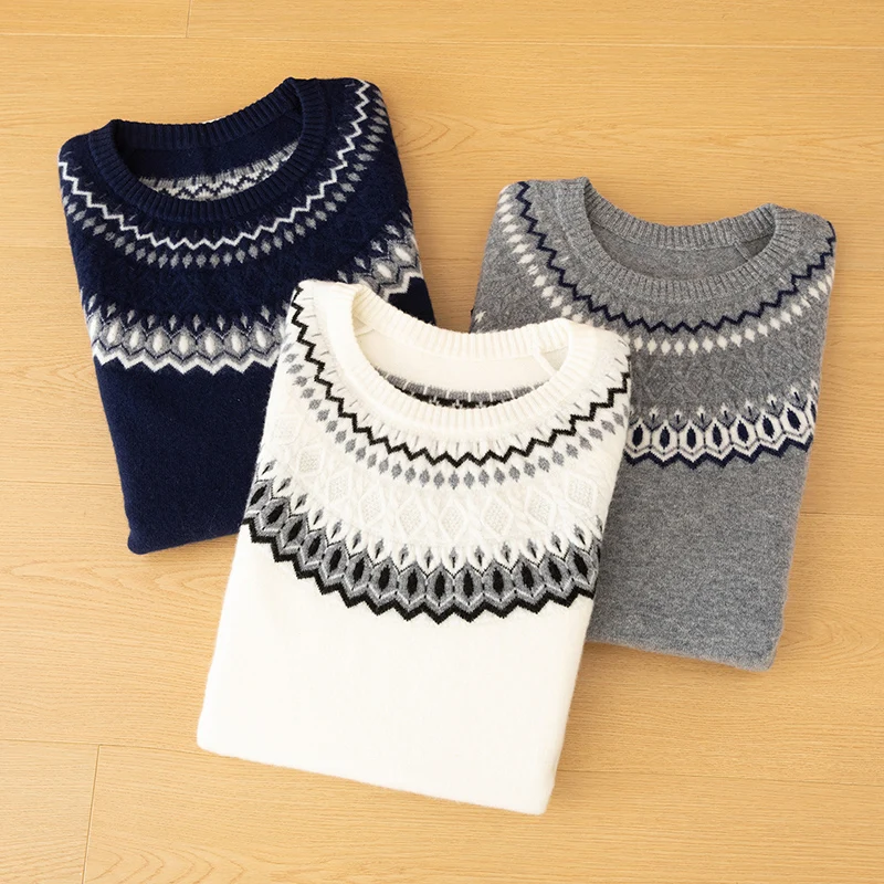 Autumn Winter 100% Pure Wool Men's Round Neck Thick Jacquard Pullover Sweater Loose Casual Knitting Bottoming Cashmere Sweater