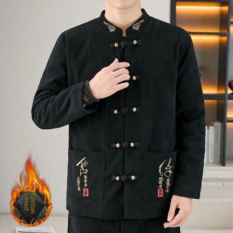 

Thiened Cotton Jaet for Men with Button Embroidery New Chinese Sle Warm Winter Outerwear Faionable Urban Streetwear