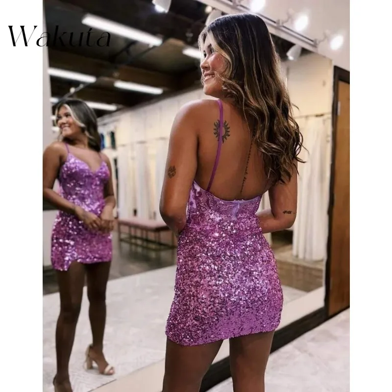 Wakuta Sparkly Sequin Homecoming Dress Corset Short Prom Dress V Neck Tight Cocktail Party Vestidos De Fiestas Elegantes Mujer