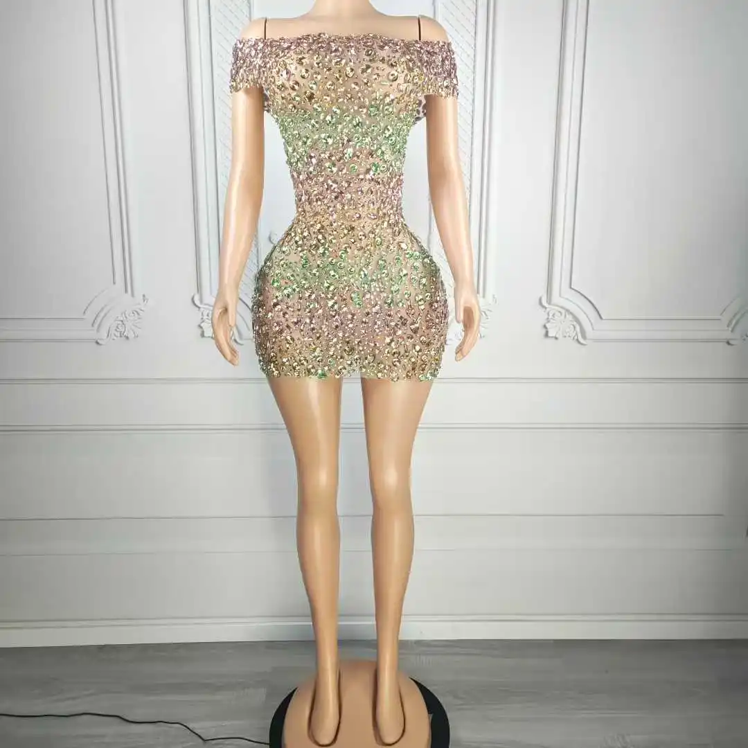 

Women Full Rhinestone Luxury Stretch Short Dress Drag Queen Costume Sparkling Glittery Party Wear