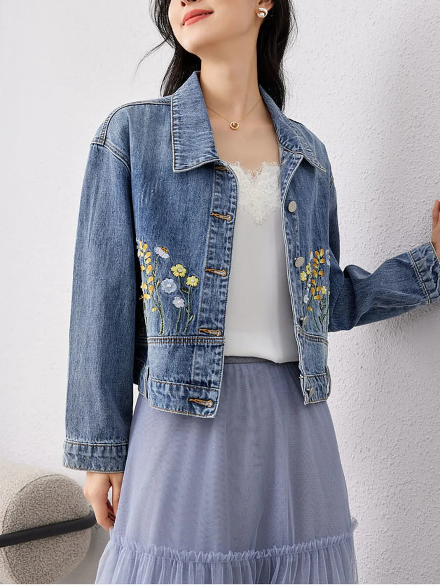 Floral Embroidered Denim Short Jacket Women Casual Denim Jacket Casual Spring Fashionable Cropped Jeans Coat Top Outerwear