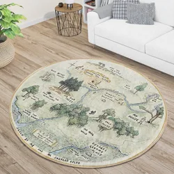 Forest Pointing Map Woodland Round Rug Pooh Floor Carpet Forest Non Slip Circle Rugs Cartoon Mat Area Green Rug for Living Room