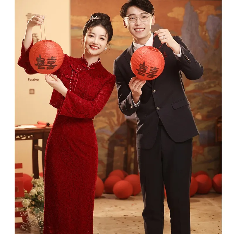 

Ele Chinese Sle Wedding Dr ort Sve Middle Waist Puffy Skirt Faionable New Model Red Color Small Size Cusized