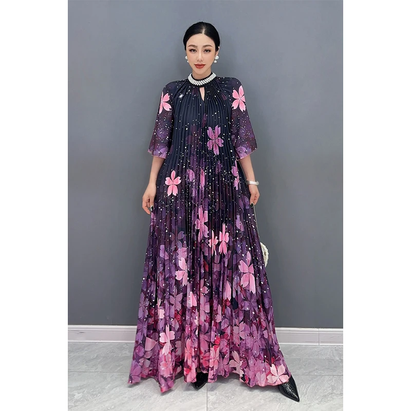 

2024 Summer New Pleated Printed Large Hem Dress With Heavy Industry Diamond Inlaid Purple Dress Elegant Women LX1348