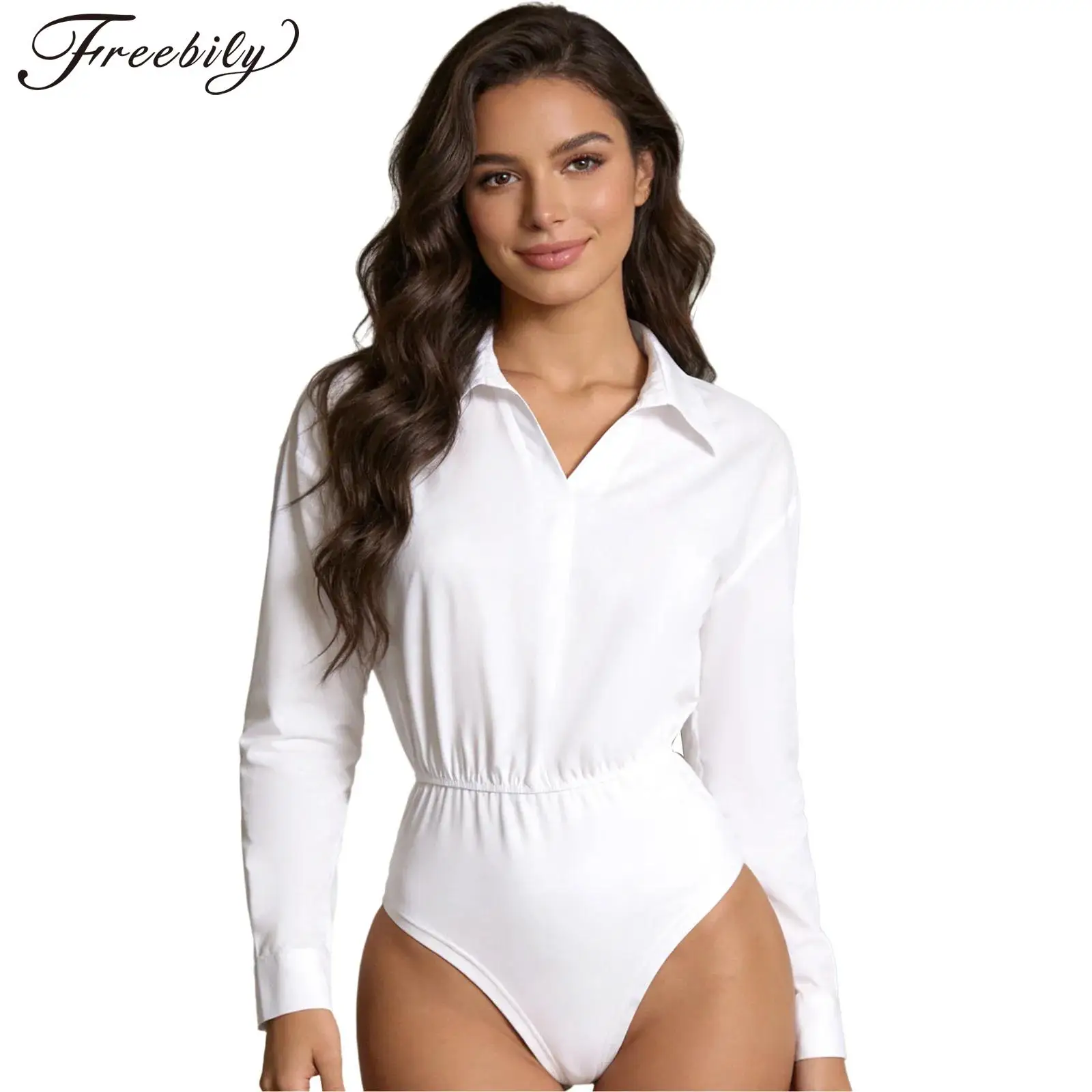 

Женская модная универсальная блузка-боди с длинным рукавом, V-образным вырезом, отложным воротником и пуговицами, однотонный комбинезон для офиса, работы, повседневной носки