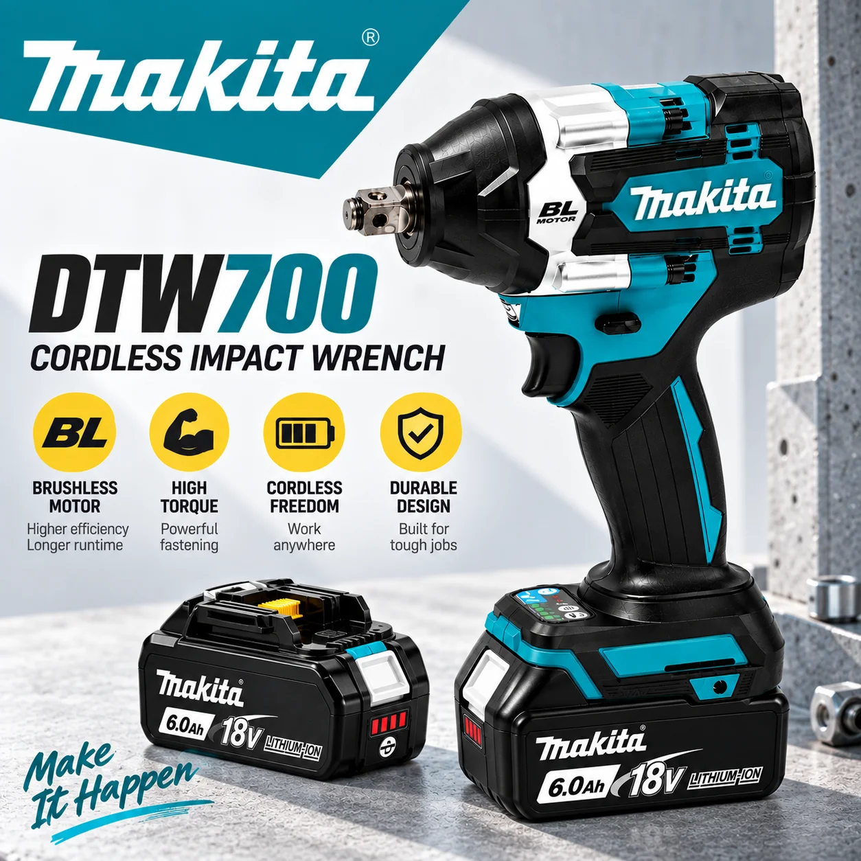 Per Chiave a Impulsi Senza Fili Makita DTW700 18V Batteria 6.0Ah Motore Brushless Utensile Elettrico a Cricchetto ad Alta Coppia