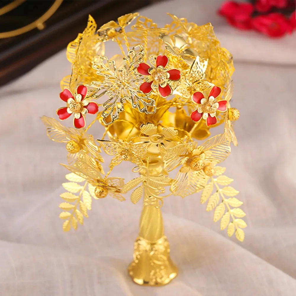 Imitation Gold Bridal Bouquet Handmade Gold Flower For Chinese Wedding Engagement Dress Matching