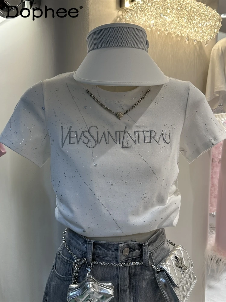 

2024 Summer New Hot Girl Style Slim-Fit Letter Embroidered Necklace Cotton Short-Sleeved T-shirt Women Crew Neck Short Top