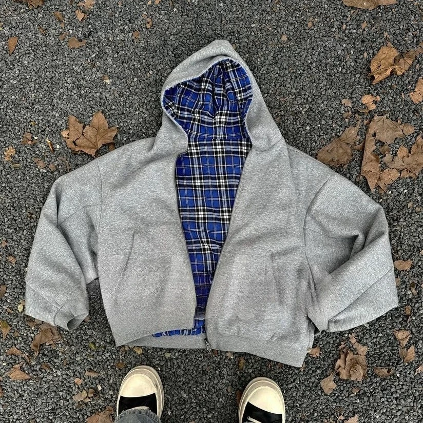 Sudadera con capucha holgada a cuadros de doble cara americana con cremallera para hombre Y2K nueva Harajuku Hip-Hop gótico pareja Casual Joker sudadera ropa de calle