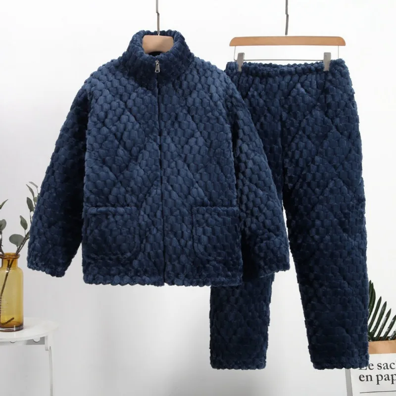 2024 Nieuwe Mannelijke Winter Gouden Schildpad Fleece Loungewear Heren Pyjama Drie Lagen Nachtkleding Katoenen Verdikte Huiskleding Set