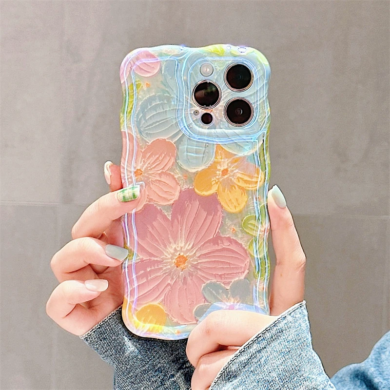 Luxury Fashion Flowers Laser Glitter Phone Case For iPhone 16 Pro Max 15 14 13 12 11 Plus Soft Shockproof Lens protection Cover