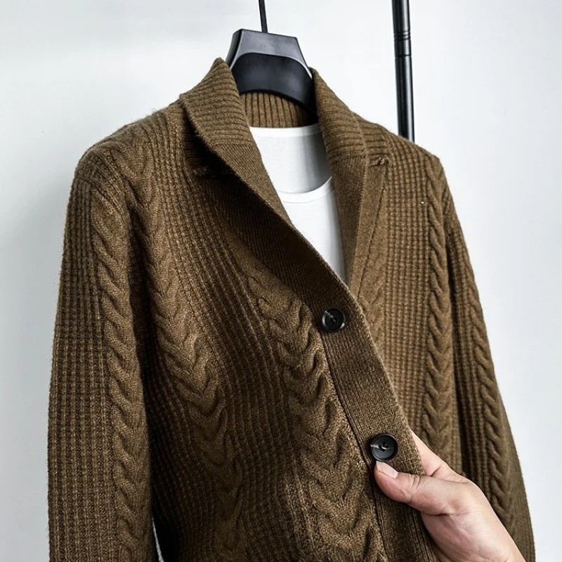 

Весна и осень 2023, новый модный мужской повседневный кардиган с витым воротником, вязаный свитер с длинными рукавами, топ