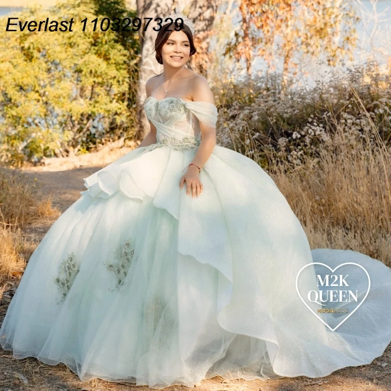 

EVLAST, мятно-зеленое платье для Quinceanera, бальное платье, Кружевная аппликация, отделанный бисером ярусный, корсет на день рождения, милое 16 Vestidos De 15 лет TQD760