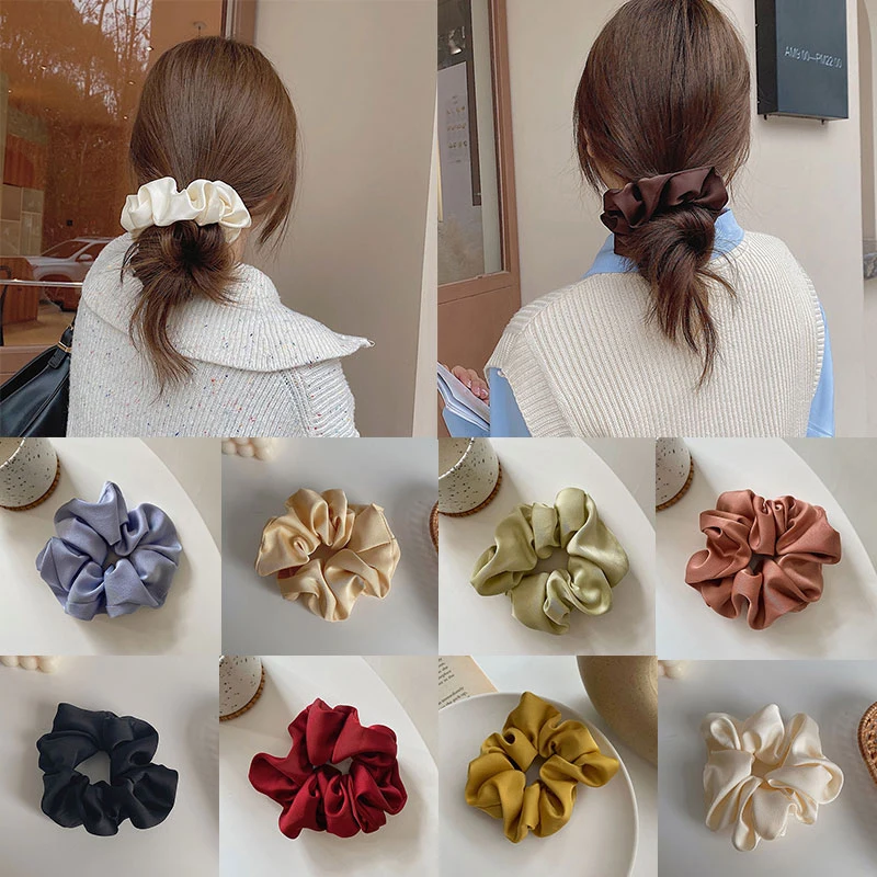 Silk Satin Scrunchies Headband Large Elastic Rubber Hair Band Women Gilrs Ponytail Holder Solid Color Hair Ties Accessories