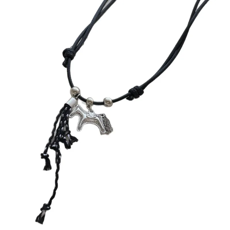 Minar Retro Braid Chain Tassel Metal Cartoon Horse Pendant Necklaces Long Adjustable Wax Rope Sweater Chain Chokers for Women