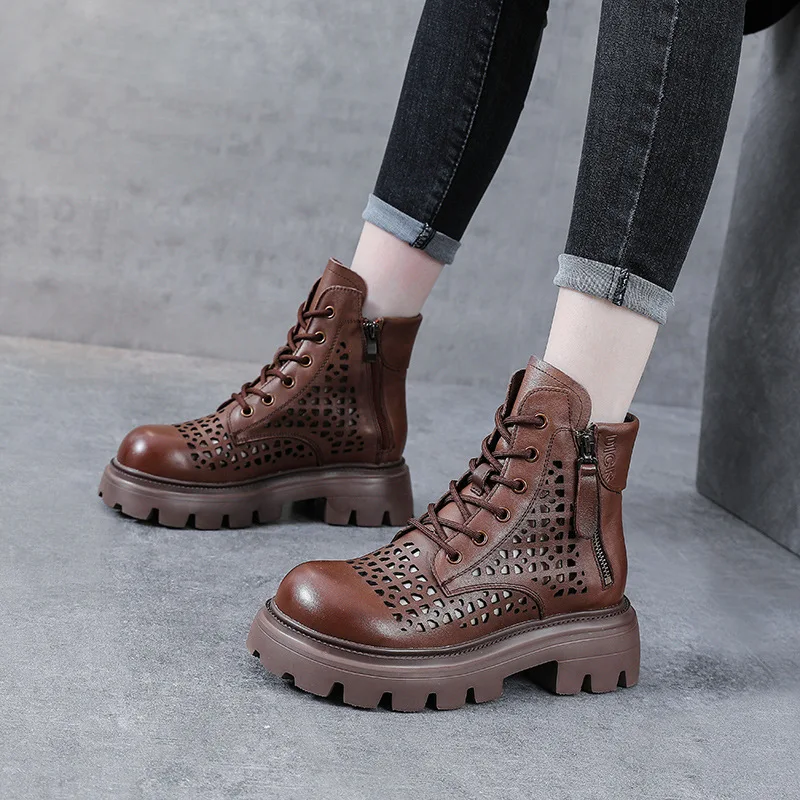 

Genuine Leather Cutout Martin Boots Women's Spring/Summer Cool Boots Thick Sole Flat Bottom Vintage Soft Leather Short Boots