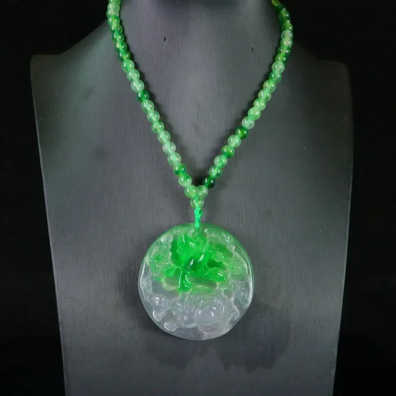 

Natural High-ice Quartzite Jade Flower and Bird Brand Pendant, Classic Fashion Unisex Necklace