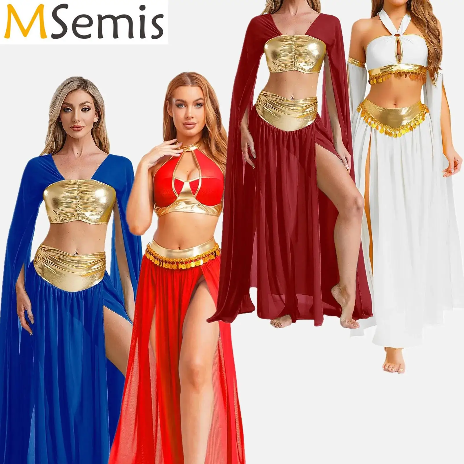 

Women Halloween Ancient Rome Egyptian Cleopatra Cosplay Costume Crop Top And Split Skirt Set Carnival Indian Belly Dance Outfits