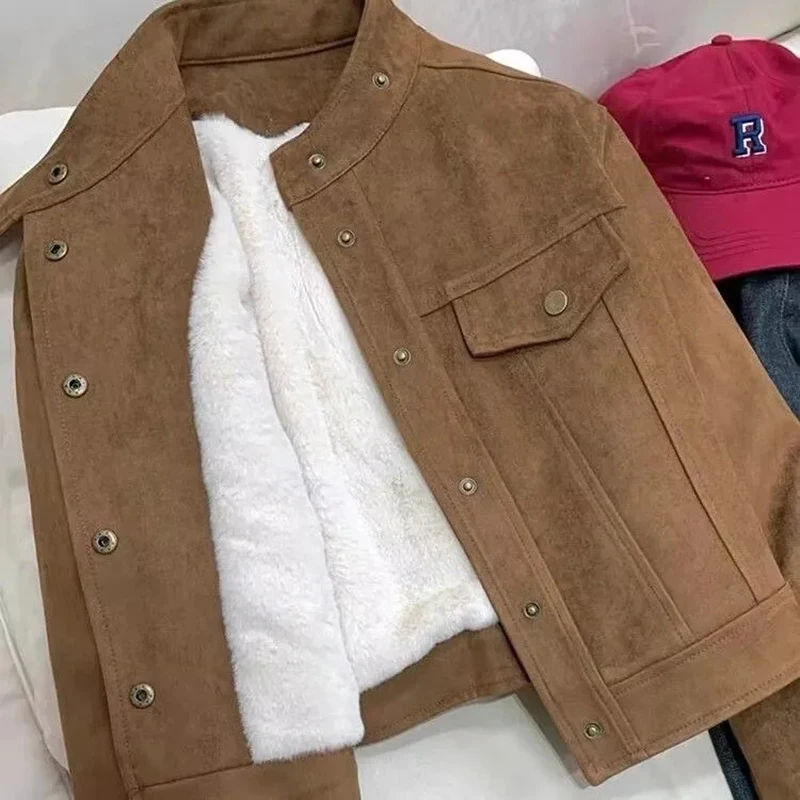 Women Cropped Suede Jacket Fleece Lined Snap Button Short Coat Long Sleeve Winter Warm Outerwear with Pocket Casual Streetwear