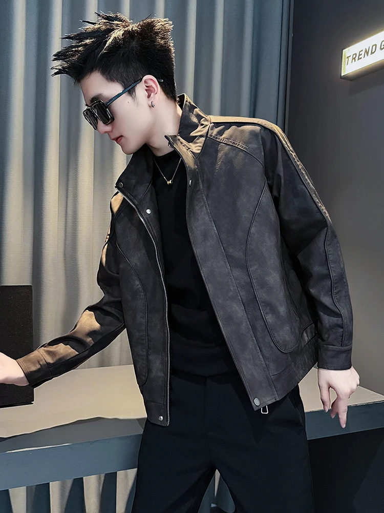 

Casual Sle Men's Leather Jaet Stand Collar Patchwork Design Workwear Outerwear Autumn Winter Faionable PU Leather Coat